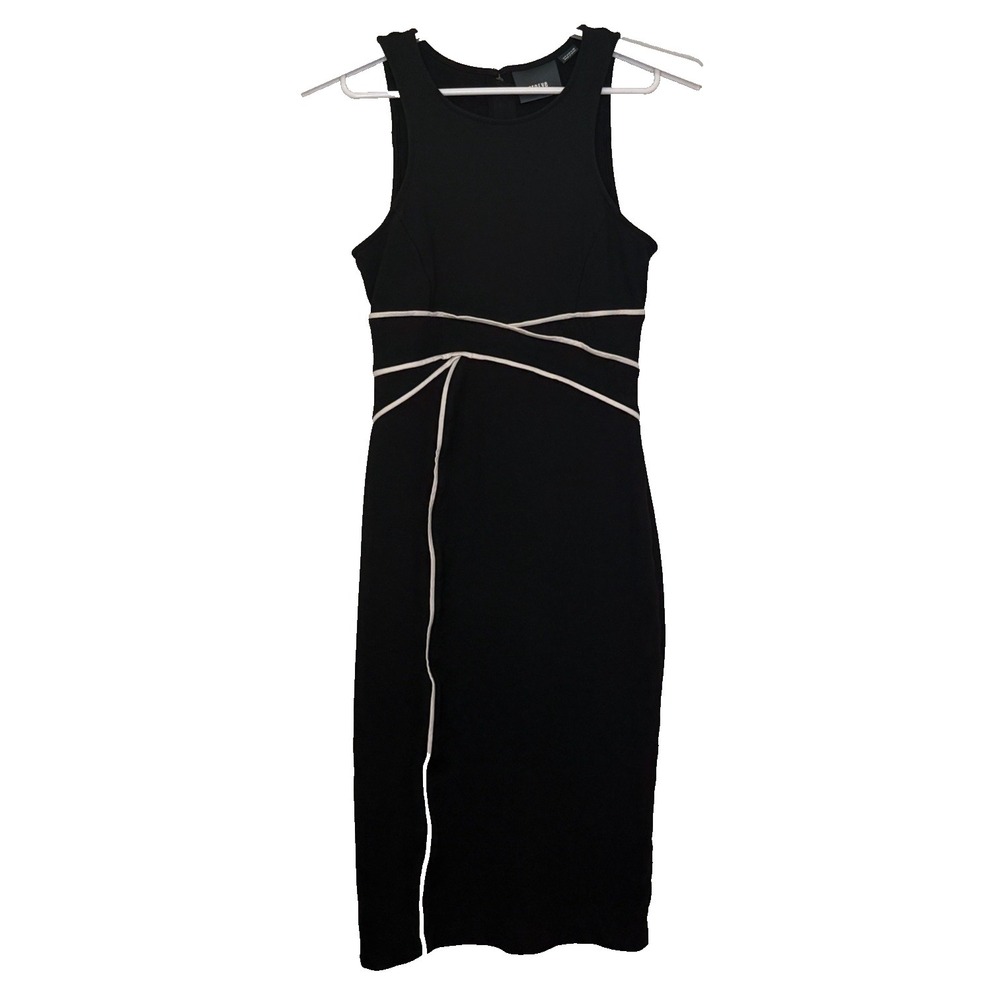Maeve Bodycon Midi Dress Womens Sz 4 Black w/White Piping Sleeveless Rayon Blend